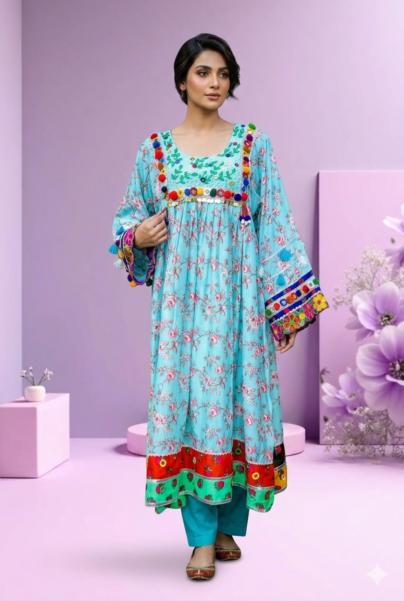 2-Piece Luxury Lawn Frock – Sky Blue Festive Ready-to-Wear | Suzain’s Pret