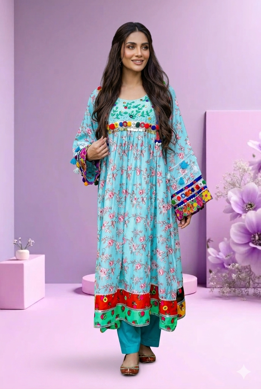 2-Piece Luxury Lawn Frock – Sky Blue Festive Ready-to-Wear | Suzain’s Pret