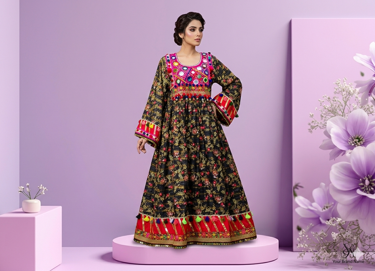 Afghani Luxury Frock – Black Multicolor Festive Ready-to-Wear | Suzain’s Pret