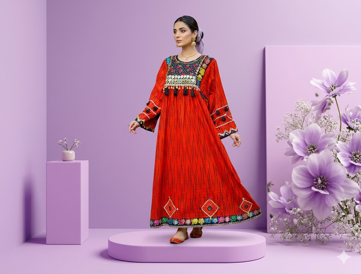 Afghani Luxury Frock – Hot Red Festive Ready-to-Wear | Suzain’s Pre