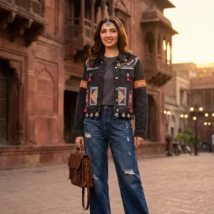 Black Afghani embroidered denim jacket with mirror work