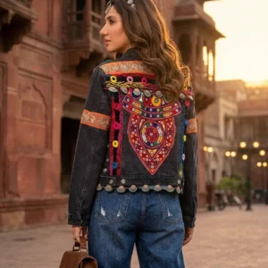 Afghani Embroidered Denim Jacket – Black Black Afghani embroidered denim jacket with mirror work