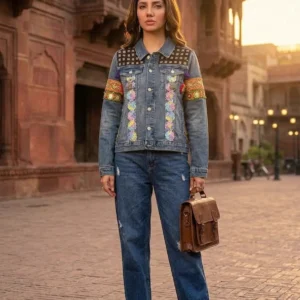 Blue Afghani embroidered denim jacket with mirror work