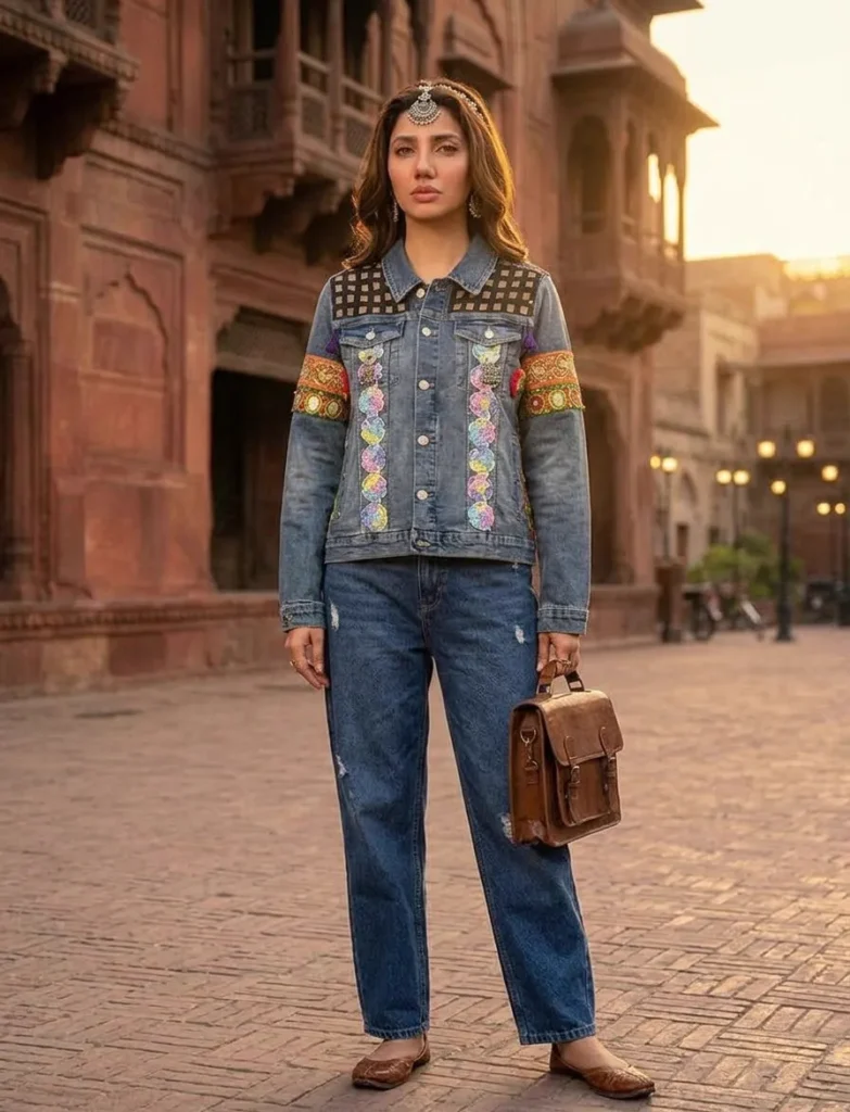 Blue Afghani embroidered denim jacket with mirror work