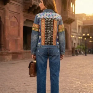 Afghani Embroidered Denim Jacket – Blue Blue Afghani embroidered denim jacket with mirror work
