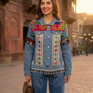 Sky Blue Afghani embroidered denim jacket with mirror work