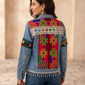 Afghani Embroidered Denim Jacket – Sky Blue Sky Blue Afghani embroidered denim jacket with mirror work