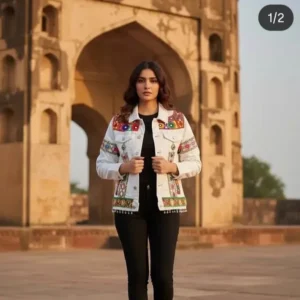 White Afghani embroidered denim jacket with mirror work