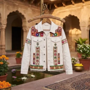 Afghani Embroidered Denim Jacket – White White Afghani embroidered denim jacket with mirror work