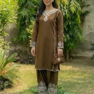 Dhanak Embroidered 2-Piece Stitched Suit – Chocolate Brown by Suzain's Pret