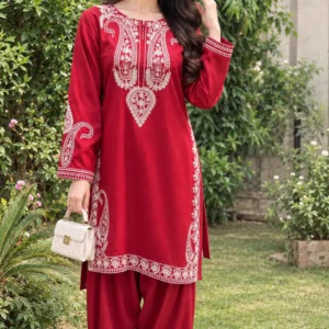 Dhanak Embroidered 2-Piece Stitched Suit – Red by Suzain's Pret