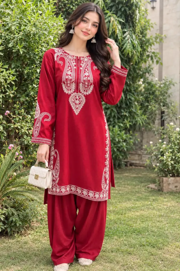 Red Dhanak embroidered 2-piece stitched winter suit by Suzain's Pret