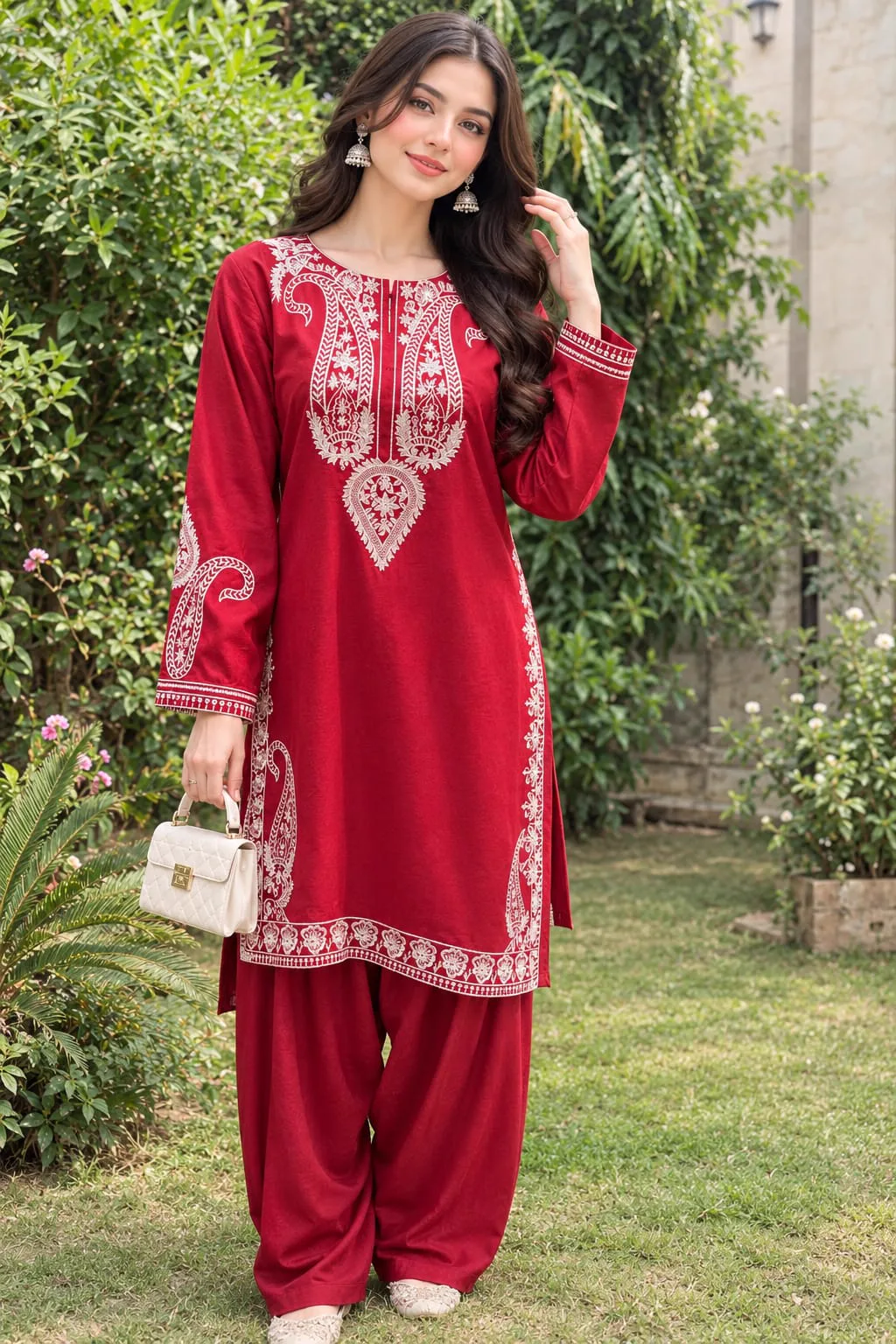 Dhanak Embroidered 2-Piece Stitched Suit – Red by Suzain's Pret