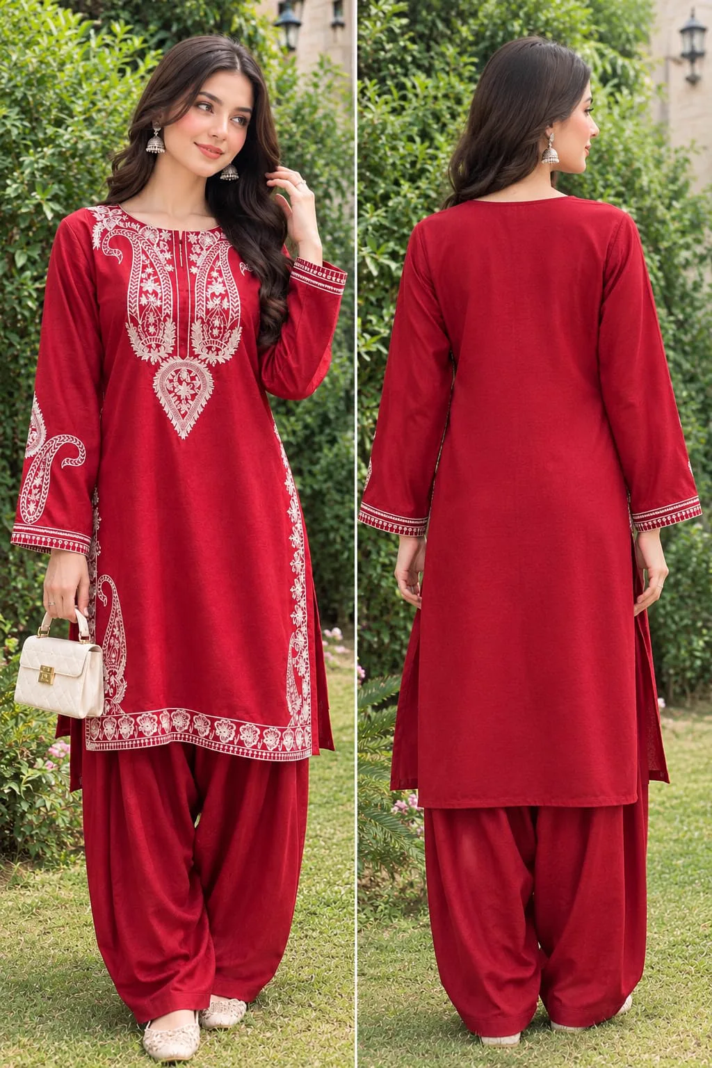 Dhanak Embroidered 2-Piece Stitched Suit – Red by Suzain's Pret
