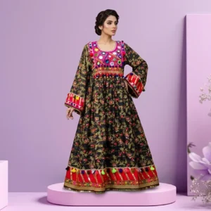 Flora Bell Afghani Luxury Frock – Black Multicolor Festive Dress by Suzain's Pret
