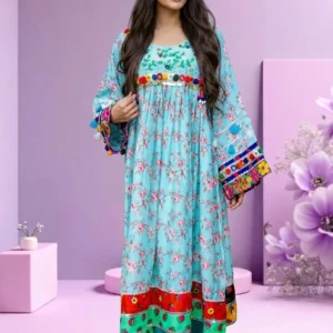 Flora Bell Afghani Luxury Frock – Sky Blue Floral Embroidered Dress by Suzain's Pret