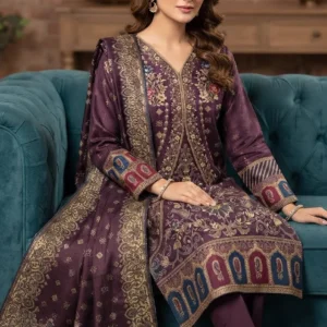 Jacquard Pashmina Wool 3-Piece Suit with Paisley Border Shawl – Plum by Suzain's Pret