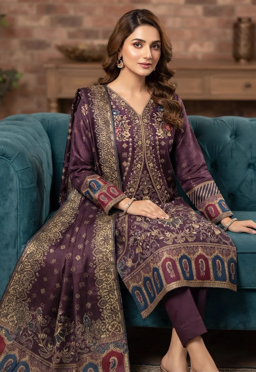 Jacquard Pashmina Wool 3-Piece Suit with Paisley Border Shawl – Plum by Suzain's Pret