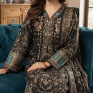 Jacquard Pashmina Wool 3-Piece Suit with Paisley Border Shawl – Black by Suzain's Pret