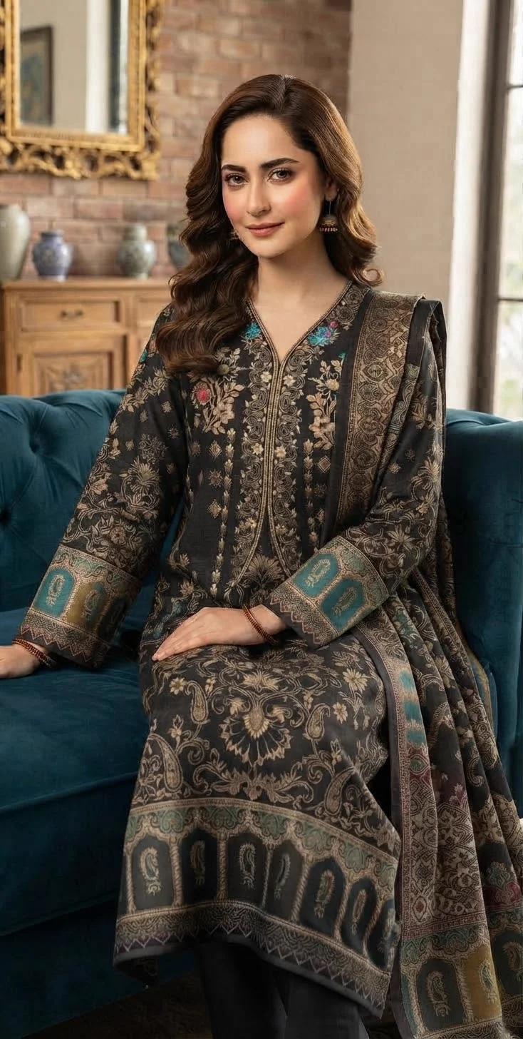 Jacquard Pashmina Wool 3-Piece Suit with Paisley Border Shawl – Black by Suzain's Pret