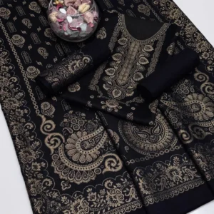 Jacquard Pashmina Wool 3-Piece Unstitched Suit with Shawl – Black by Suzain's Pret
