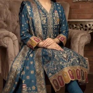 Jacquard Pashmina Wool 3-Piece Suit with Paisley Border Shawl – Teal Blue by Suzain's Pret