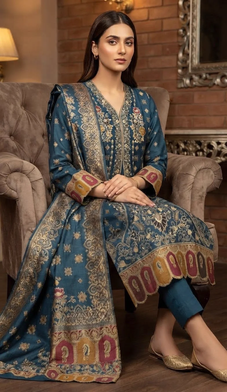Jacquard Pashmina Wool 3-Piece Suit with Paisley Border Shawl – Teal Blue by Suzain's Pret