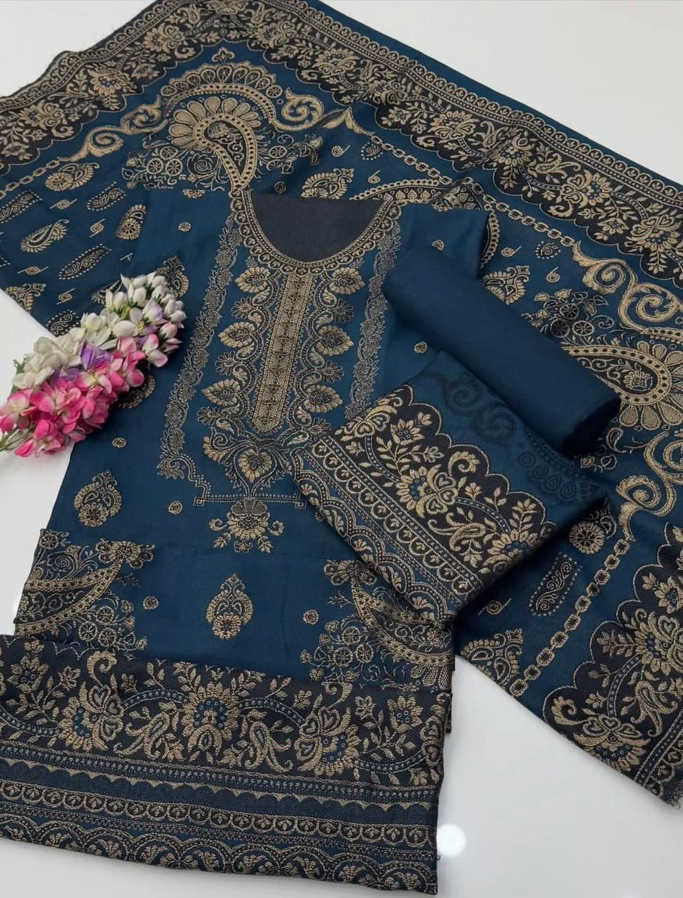 Jacquard Pashmina Wool 3-Piece Unstitched Suit with Shawl – Blue by Suzain's Pret
