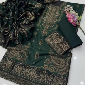 Jacquard Pashmina Wool 3-Piece Unstitched Suit with Shawl – Bottle Green by Suzain's Pret