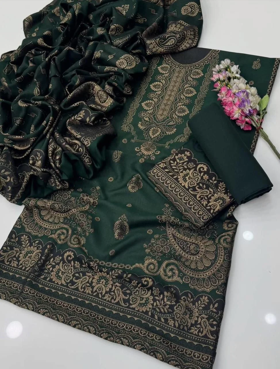Jacquard Pashmina Wool 3-Piece Unstitched Suit with Shawl – Bottle Green by Suzain's Pret