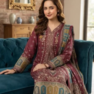 Jacquard Pashmina Wool 3-Piece Suit with Paisley Border Shawl – Maroon by Suzain's Pret