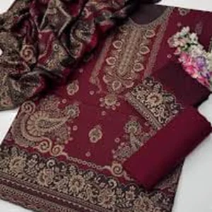 Jacquard Pashmina Wool 3-Piece Unstitched Suit with Shawl – Maroon by Suzain's Pret