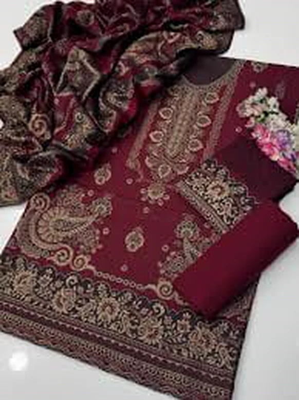 Jacquard Pashmina Wool 3-Piece Unstitched Suit with Shawl – Maroon by Suzain's Pret