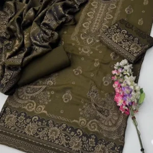 Jacquard Pashmina Wool 3-Piece Unstitched Suit with Shawl – Mehndi by Suzain's Pret