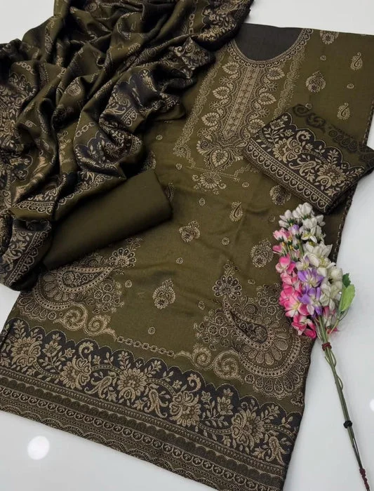 Jacquard Pashmina Wool 3-Piece Unstitched Suit with Shawl – Mehndi by Suzain's Pret