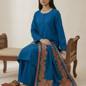 Blue Kani pashmina 3-piece suit with Kani jacquard shawl
