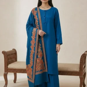 Kani Pashmina 3-Piece Suit – Blue Blue Kani pashmina 3-piece suit with Kani jacquard shawl