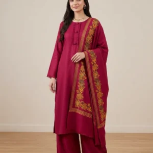 Maroon Kani pashmina 3-piece suit with Kani jacquard shawl