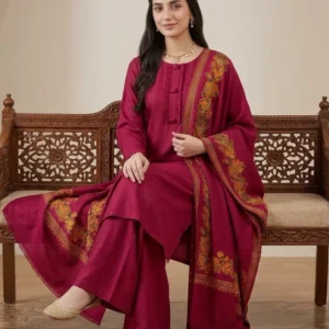 Maroon Kani pashmina 3-piece suit with Kani jacquard shawl