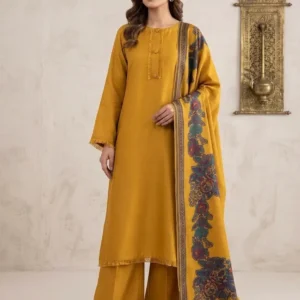 Mustard Kani pashmina 3-piece suit with Kani jacquard shawl