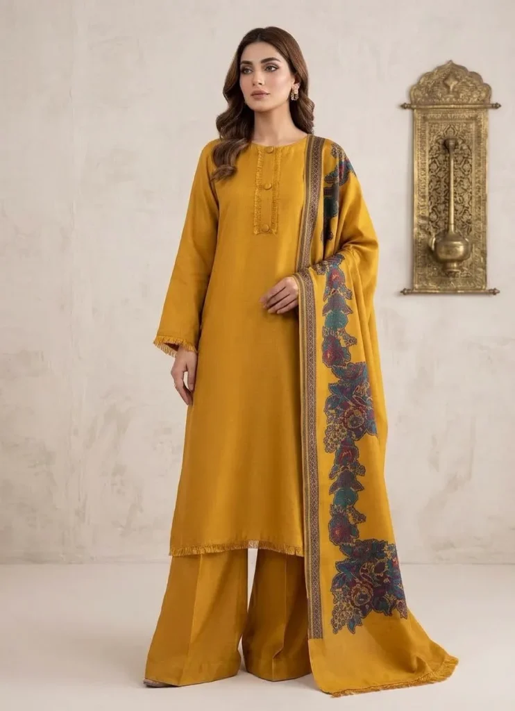 Mustard Kani pashmina 3-piece suit with Kani jacquard shawl