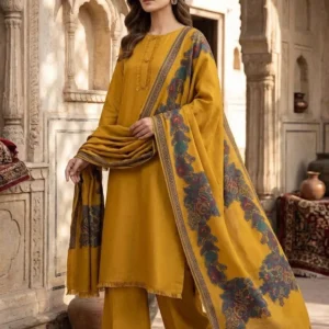 Mustard Kani pashmina 3-piece suit with Kani jacquard shawl