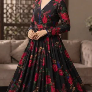 Marina Afghani Floral Print 2-Piece Unstitched Frock Suit – Black by Suzain's Pret