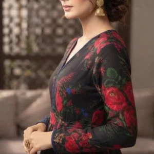 Marina Afghani Floral Print 2-Piece Unstitched Frock Suit – Black Marina Afghani Floral Print 2-Piece Unstitched Frock Suit – Black by Suzain's Pret