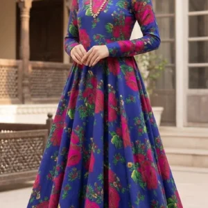 Marina Afghani Floral Print 2-Piece Unstitched Frock Suit – Blue by Suzain's Pret