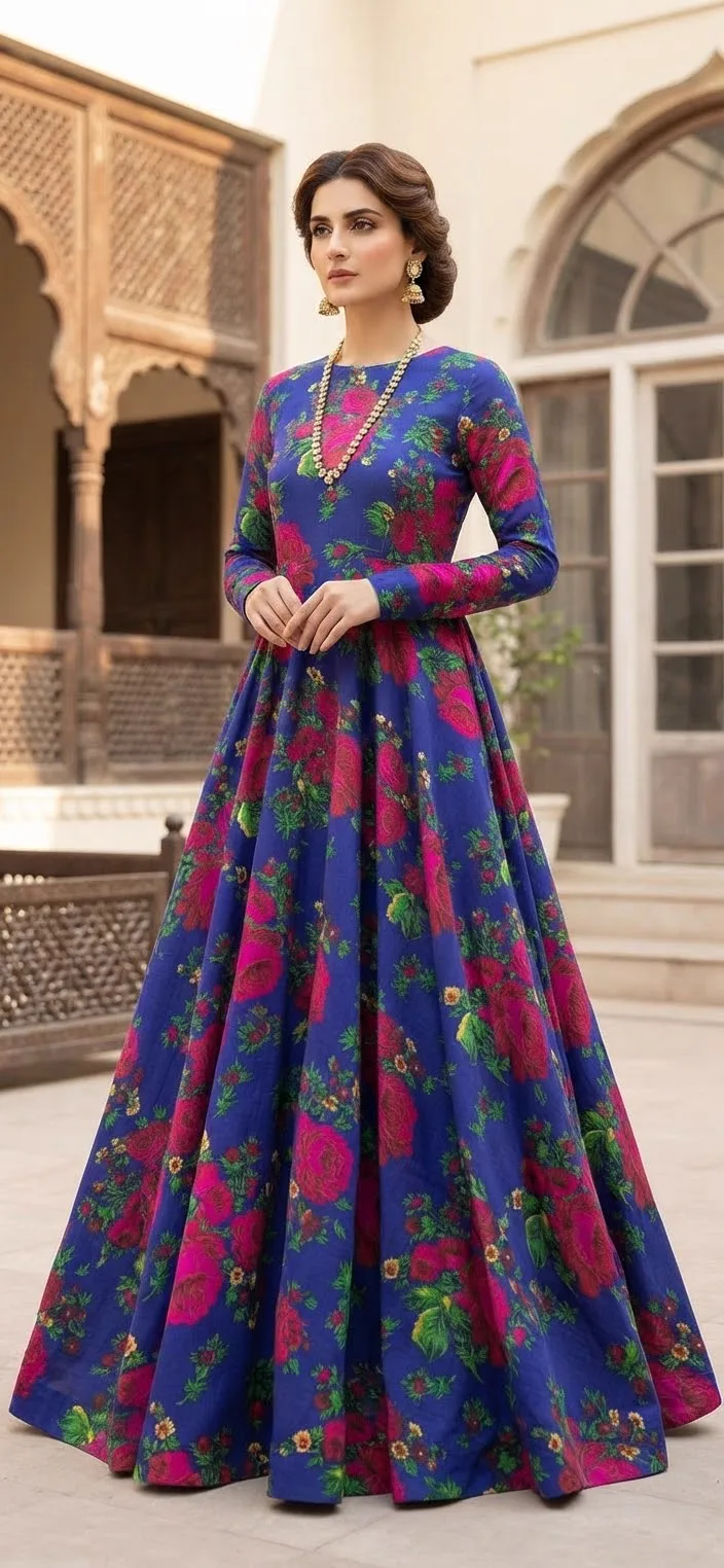 Marina Afghani Floral Print 2-Piece Unstitched Frock Suit – Blue by Suzain's Pret