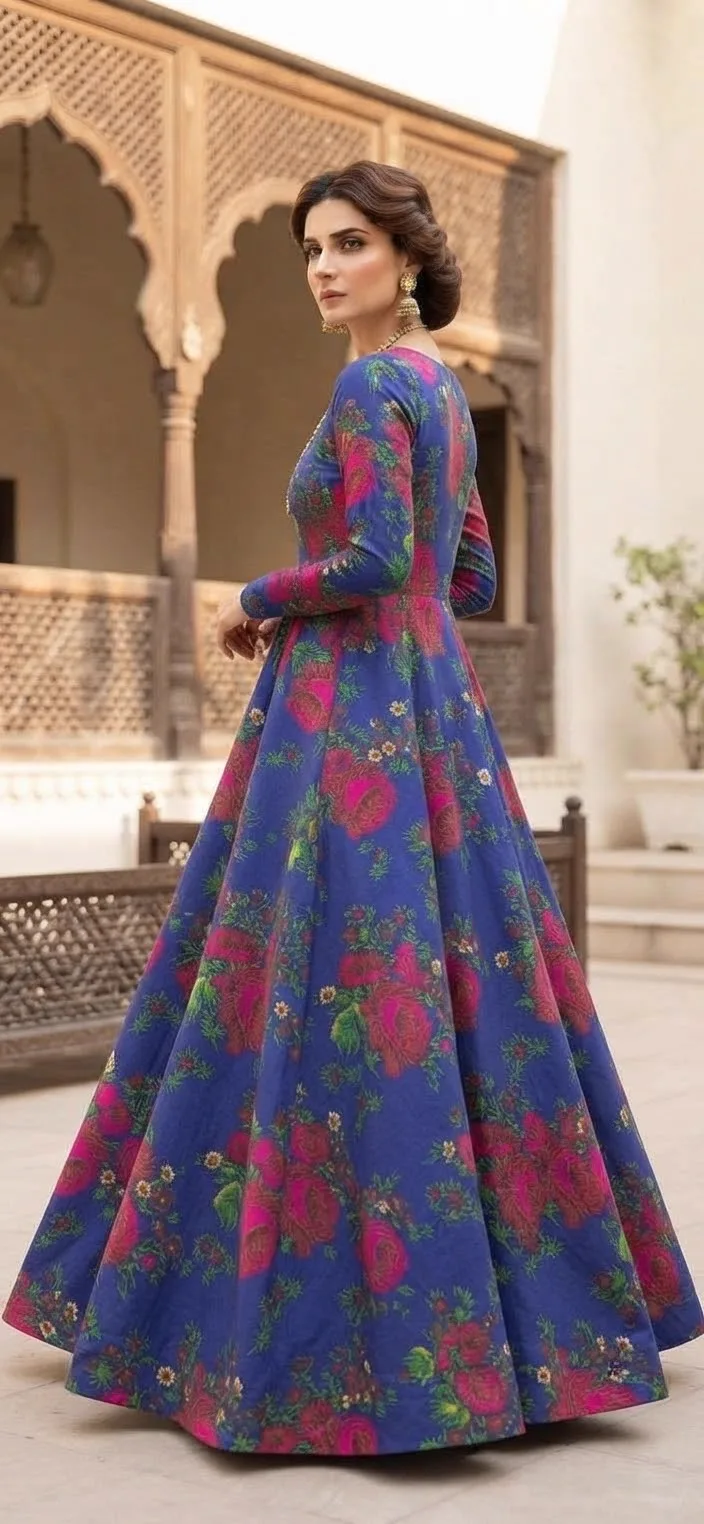 Marina Afghani Floral Print 2-Piece Unstitched Frock Suit – Blue by Suzain's Pret