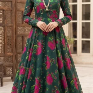 Marina Afghani Floral Print 2-Piece Unstitched Frock Suit – Green by Suzain's Pret
