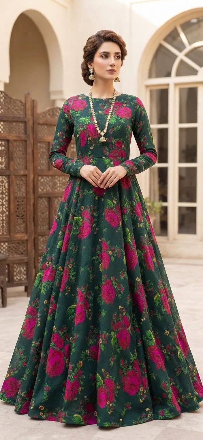 Marina Afghani Floral Print 2-Piece Unstitched Frock Suit – Green by Suzain's Pret
