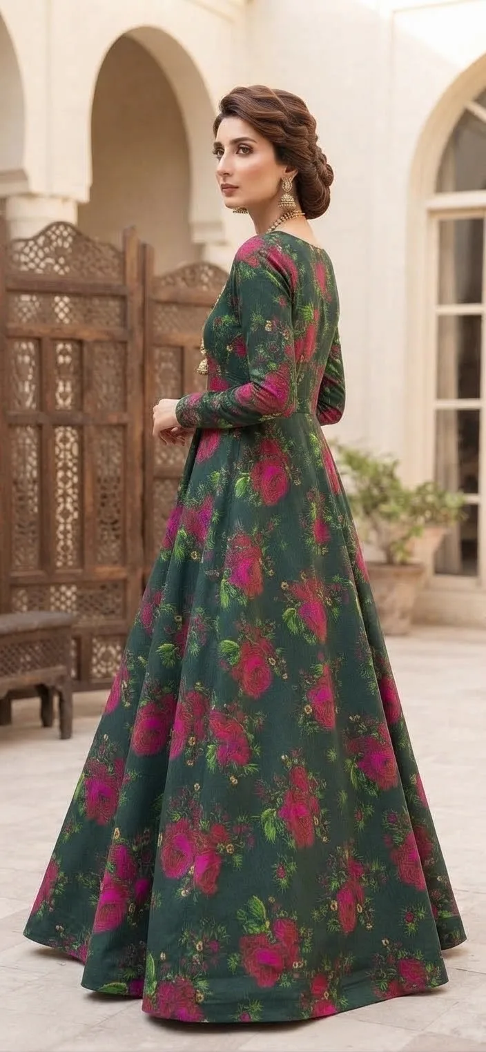 Marina Afghani Floral Print 2-Piece Unstitched Frock Suit – Green by Suzain's Pret